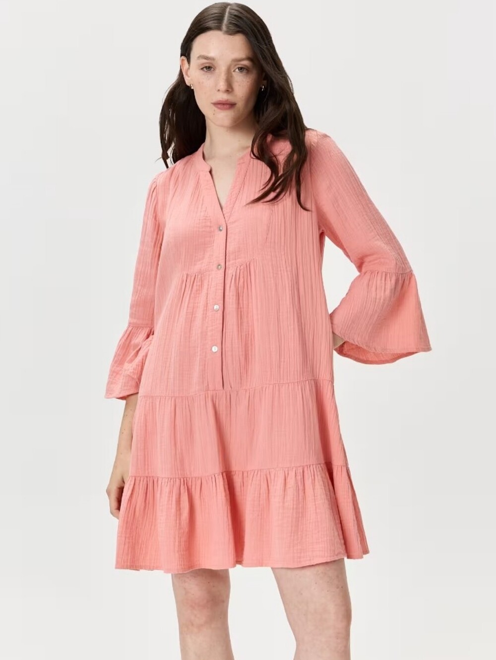Quince Organic Cotton Gauze Long Sleeved Tiered Mini Dress Coral Blush NEW Sz S